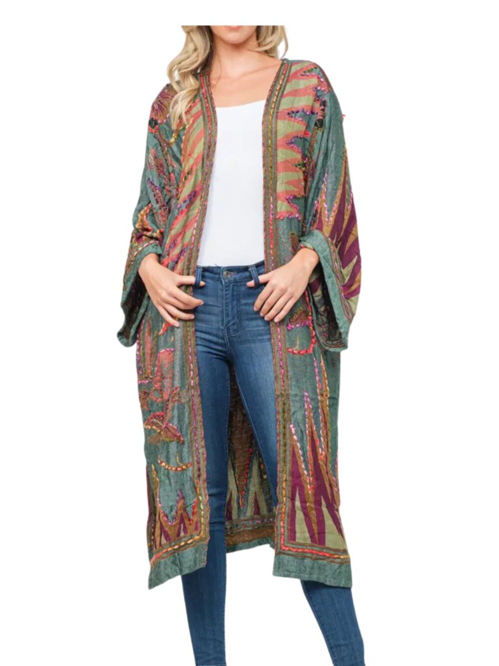 Boho Embroidered Duster Kimono Cardigan Hunter Green One Size Rayon